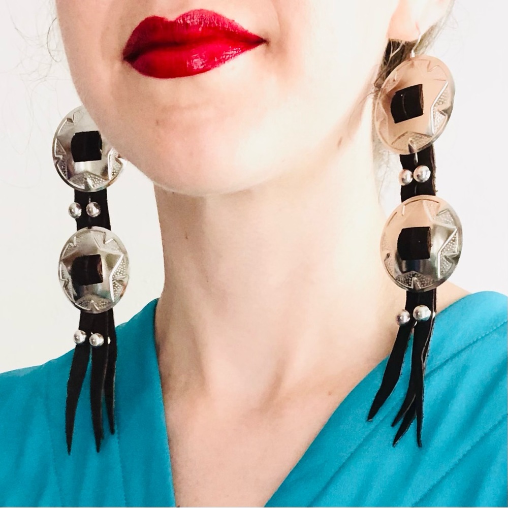 Handcrafted Brown Large Genuine Leather Western Silver Concho Fringe Earrings